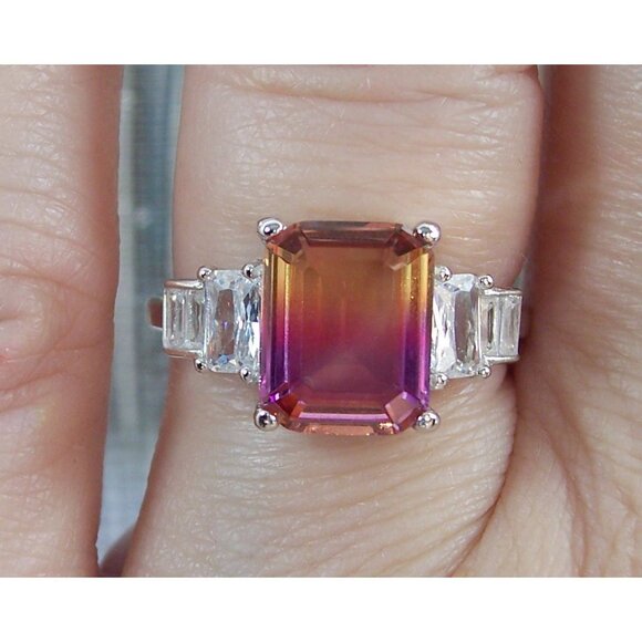 925 STERLING SILVER Emerald Cut Gradient Cubic Zirconia Ring - Picture 14 of 16